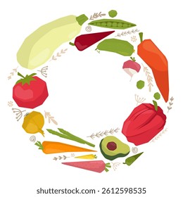 Flat vector illustration with an assortment of colorful vegetables like tomatoes, carrots, and peas surrounding text. Perfect for promoting vegetarianism.
