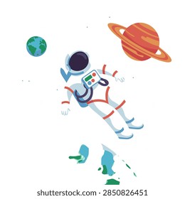 Flat vector illustration of an astronaut floating weightless in outer space near Earth and ringed Saturn planet