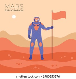 Flat vector illustration of astronaut standing with a flag on Mars planet. Exploration of Mars. 