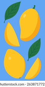 Flat vector illustration of Ataulfo mangoes with green leaves on a blue background – tropical yellow fruits in a minimalist cartoon style