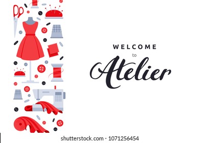 Flat vector illustration for atelier or drapery. Icons of dummy, spool of thread, needle, buttons, textile, sewing machine, neddle bar. Red, gray and black objects. Banner or poster for seamstress

