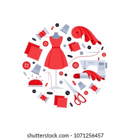 Flat vector illustration for atelier or drapery. Icons of dummy, spool of thread, needle, buttons, textile, sewing machine, neddle bar. Circle illustration of sewing tools.Red, gray and black objects
