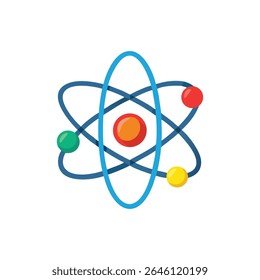 Ilustração de vetor plano de um átomo com elétrons em órbita e um núcleo central contra um fundo branco sólido.