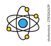 A flat vector illustration of an atomic structure featuring a central blue nucleus surrounded by intersecting orbits with yellow electron particles