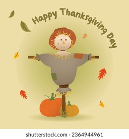 Flat vector illustration of autumn harvest with cute scarecrow and pumpkins. Suitable for happy thanksgiving greeting cards