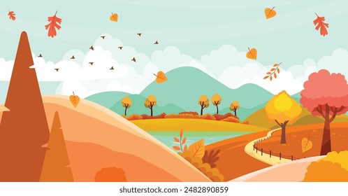 Flat vector illustration of Autumn landscape. A serene river flowing through, surrounded by colorful trees with red leaves. artwork captures the essence of fall with its vibrant soothing atmosphere.