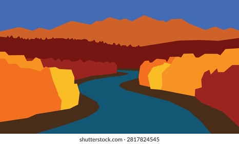 Flat vector illustration of an autumn river valley landscape with landscape