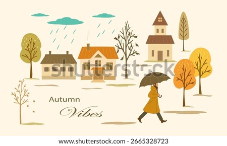 Flat vector illustration of autumn town scene with houses, colorful trees, rain and a man in a coat holding umbrella. Cozy seasonal design for greeting card, poster, web banner, seasonal promotions.