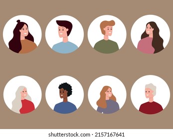 Flat vector illustration. Avatars of men and women on an isolated white background. Cartoon people. Men and women of different nationalities.