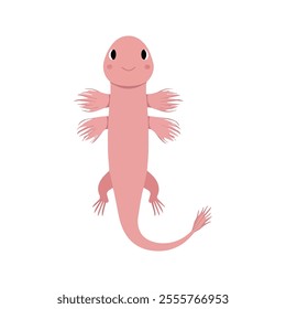 Flat vector illustration of an Axolotl with pink body, feathery gills, simple design, elongated shape, clean aesthetic, minimal style