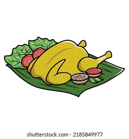 Flat Vector Illustration of Ayam Goreng Betutu Indonesian Food. Traditional Balinese Fried Chicken With Sambal and Vegetables in Banana Leaf