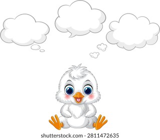 Flat vector illustration of a baby bird sitting with three blank speech clouds above.