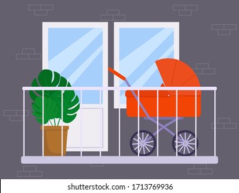 Flat vector illustration: baby carriage stands on the balcony.