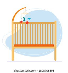Flat vector illustration: baby cot for a boy. Illustration for postcards, site.