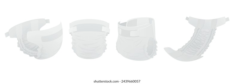 Flat Vector Illustration of a Baby Diaper. Side and Front View. Versatile Baby Diaper Views, Open and Closed Diaper. Infant Underwear Set