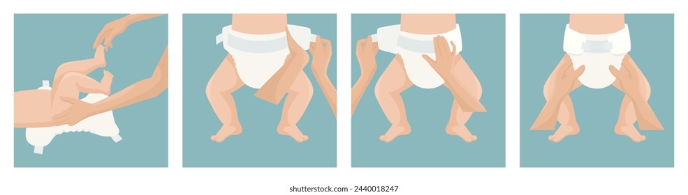 Flat Vector Illustration of a Baby Diaper. Side and Top View. Infant Underwear, Stages of Changing Diaper Panties. Ultimate Guide, Step by Step Diapering Tutorial. Tips for Diapering
