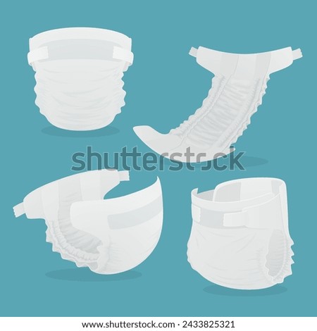 Flat Vector Illustration of a Baby Diaper. Side and Front View. Versatile Baby Diaper Views, Open and Closed Diaper. Infant Underwear Set