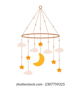 Ilustración vectorial plana de un móvil para bebés. Un accesorio giratorio colgante para una cuna de bebé. Un juguete colgante con estrellas, nubes y una media luna.
