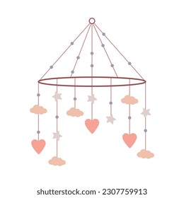 Flat vector illustration of a baby mobile. A rotating hanging accessory for a baby cot. A hanging toy with stars, clouds and a hearts.