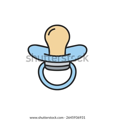 Flat vector illustration of a baby pacifier with a yellow nipple and blue shield. Simple cartoon style on white background, ideal for baby products, parenting, and childcare themes