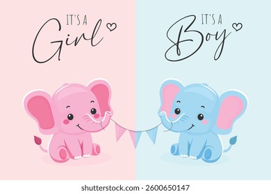 Flat Vector Illustration of Baby Shower greeting card with Cute Elephant