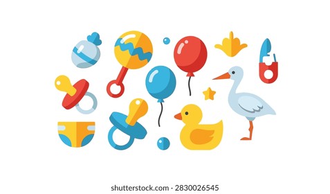 Flat vector illustration of baby shower elements and icons including pacifiers, rattles, balloons, rubber duck, stork, and diaper on a white background for nursery design.