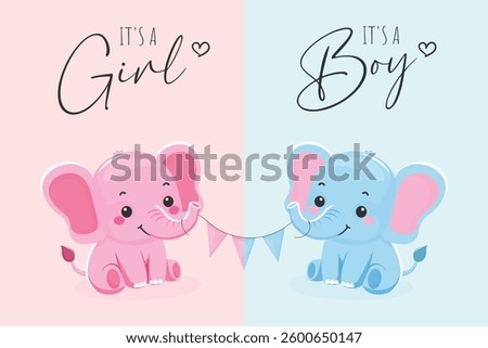 Flat Vector Illustration of Baby Shower greeting card with Cute Elephant