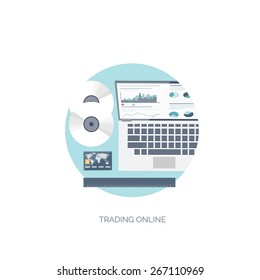 Flat vector illustration. Flat background. Finance and market news. Computer and online trading. Web currency. Bank card and internet payments.