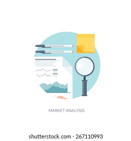 Flat vector illustration. Flat background. Finance and market news. Loupe and pencil.
