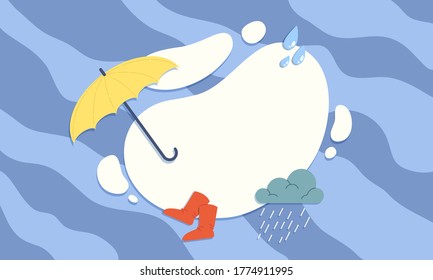 Flat vector illustration background of rainy season concept with yellow umbrella, red boots, rain and white frame one free form blue background.