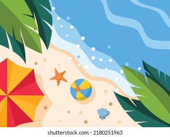 Flat vector illustration background of a top view of a summer beach vacation with an umbrella, beach ball, and starfish.