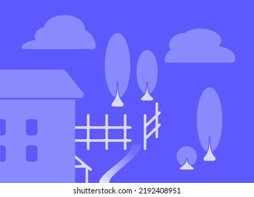 flat vector illustration background, wallpaper with house, trees, path, clouds. illustration of three flowers.