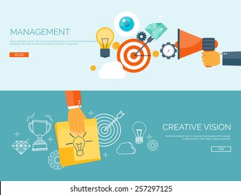 Flat vector illustration backgrounds set. Target and bulb. Management and achievements. Smart solutions and business aims. Generating ideas. Business planning and strategy
