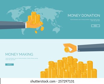 Flat vector illustration backgrounds set. Money and money making. Web payments. World currency. Internet store, shopping. Pay per click. Business.