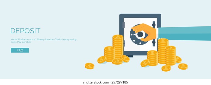 Flat vector illustration backgrounds set. Piggy bank and deposit. Money  saving and money making. Web payments. World currency. Internet store, shopping. Pay per click. Business.