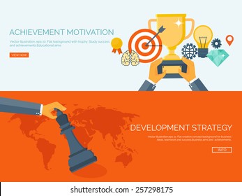 Flat vector illustration backgrounds set. Trophy and chess. Management and achievements. Smart solutions and business aims. Generating ideas. Business planning and strategy