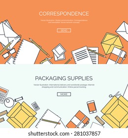 Flat vector illustration backgrounds set. International delivery and worldwide postage. Emailing and online shopping. Envelope and package.