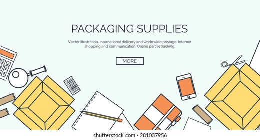 Flat vector illustration backgrounds set. International delivery and worldwide postage. Emailing and online shopping. Envelope and package.