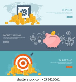 Flat vector illustration backgrounds set. Money saving and money making. Web payments. World currency. Internet store, shopping. Pay per click. Business.