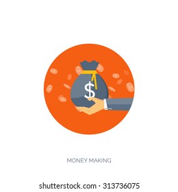 Flat vector illustration backgrounds set. Money saving and money making. Web payments. World currency. Internet store, shopping. Pay per click. Business.
