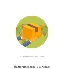 Flat vector illustration backgrounds set. International delivery and worldwide postage. Online shopping. Envelope and package.