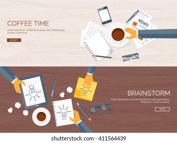 Flat vector illustration backgrounds set. Creativity, generating ideas. Brainstorm, coffee pause. Working. Everyday routine.