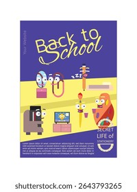 Flat Vector Illustration of Backpack Cutaway with Cute Cartoon School Supplies Inside