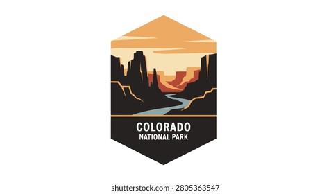 A flat vector illustration of a badge featuring the desert canyons of Colorado National Park with a river flowing through the rocky landscape