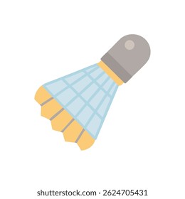 A flat vector illustration of a badminton shuttlecock. The colors include gray, light blue and yellow, isolated on a White Background.