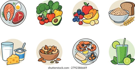Flat vector illustration of balanced healthy foods including salmon, beef, egg, vegetables, fruits, oatmeal, dairy, nuts, seafood, and green smoothie.eps
