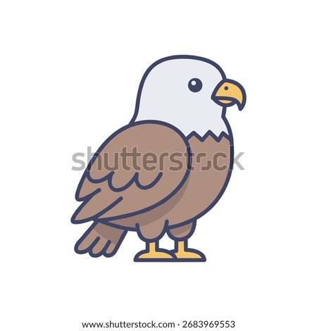 Flat vector illustration of a bald eagle with white head and brown feathers, standing pose, symbol of freedom and strength, isolated