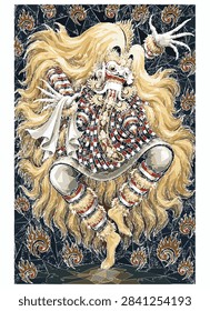 Flat vector illustration of a Balinese inspired ceremonial guardian dancer with ornate mask, wild golden hair and red black white costume in a dramatic dynamic pose