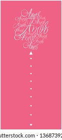 Flat vector illustration of balloon from calligraphic "AMOR"- mean LOVE, written in Spanish, on pink background for wedding design, Valentine`s Day cards, invitations, greetings, posters, prints, web.