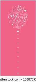 Flat vector illustration of balloon from calligraphic "AMOR"- mean LOVE, written in Spanish, on pink background for wedding design, Valentine`s Day greetings, invitations, cards, posters, prints, web.